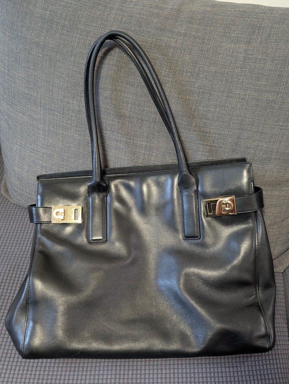 Salvatore Ferragamo Black Leather Tote Bag with Gold Hardware